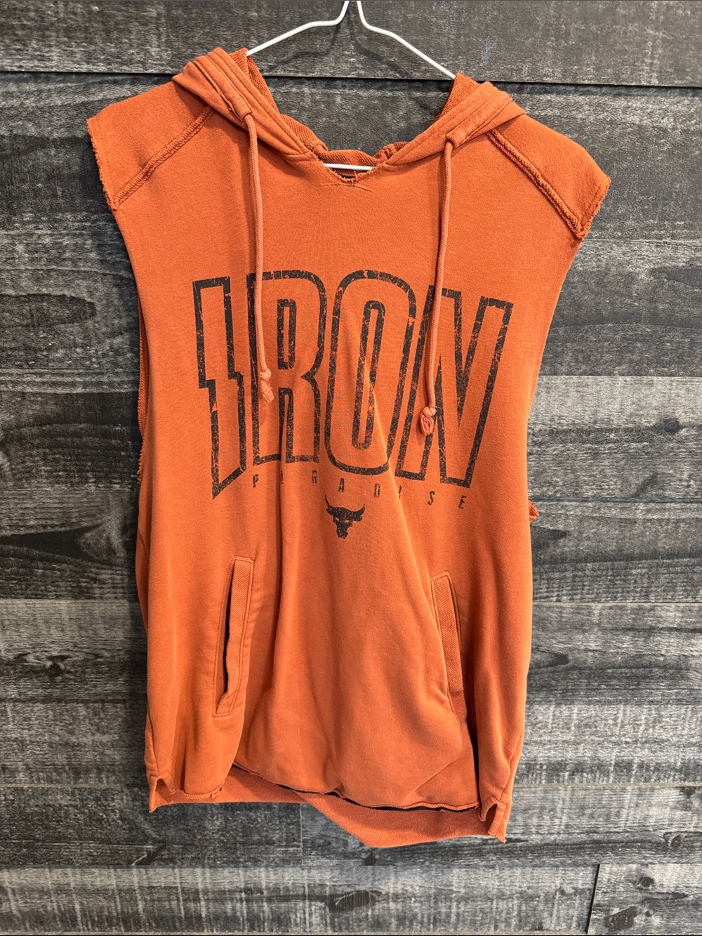 Mens under armour Orange Sleeveless Hooded Pullover with Distressed Logo.